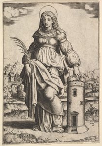 Pyhä Barbara seisomassa, kämmen oikeassa kädessään, lepäämässä vasenta kättään tornin päällä, 1530-60.