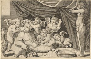 Roomalaisen loiston peili: Bacchus Puttin ympäröimänä Priapuksella..., 1500-luku. tekijältä Master of the Die