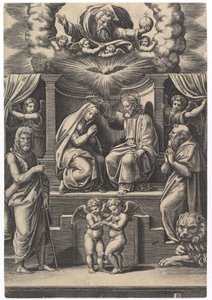 Neitsyen kruunaus, alhaalla vasemmalla seisoo Pyhä Johannes Kastaja, alhaalla oikealla..., 1530-60. tekijältä Master of the Die