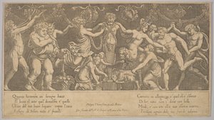 Uhri Priapukselle, joka on patsaan muodossa keskellä, Bacchus ja sa..., 1530-60.