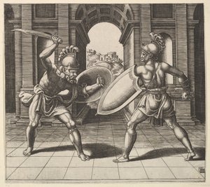 Kaksi gladiaattoria taistelemassa kaaren edessä, 1530-60. tekijältä Master of the Die