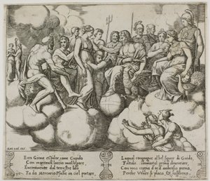 Venus ja Cupid vetoavat asiaansa Jupiterin ja muiden jumalien läsnäollessa tekijältä Master of the Die