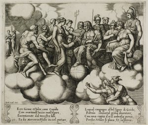 Venus ja Cupid vetoavat asiaansa Jupiterin ja muiden jumalien läsnäollessa tekijältä Master of the Die