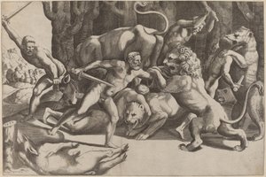 Viisi miestä taistelevat petoja vastaan tekijältä Master of the Die after Giulio Romano