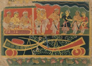 Nanda ja Vasudeva: Sivu hajallaan olevasta Bhagavata Puranasta..., n. 1520-30. tekijältä Master of the Dispersed Bhagavata Purana.