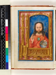 Valaistu käsikirjoitus. Tuntien kirja, folios 13 verso: Salve sancta facies, Kristus Salvator mundina pitelemässä palloa ja siunausta, arkkitehtoninen rajaus pyhimysten kanssa rakoilla ja St Veronica Vernikkelin kanssa, 1510