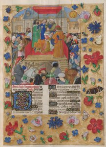 Daavid kruunattiin Israelin kuninkaaksi. Psalteri. Saul voitelemassa Daavidia ja kruunaamassa Daavidin Israelin kuninkaaksi. Psalmi 26, joka alkaa koristeellisella D-kirjaimella. Reunukset trompe l