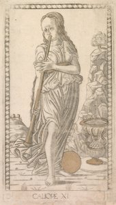 Calliope Tarocchi-sarjasta D: Apollo and the Muses, #11, ennen vuotta 1467. tekijältä Master of the E Series Tarocchi