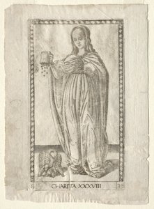 Charity from the Tarocchi, sarja B: Cosmic Principles & Virtues, #38, ennen vuotta 1467. tekijältä Master of the E Series Tarocchi