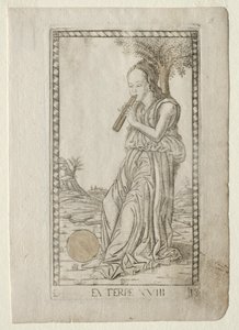 Euterpe-musiikkia, lyriikkaa Tarocchi-sarjasta D..., ennen vuotta 1467. tekijältä Master of the E Series Tarocchi