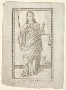 Justice from the Tarocchi, sarja B: Cosmic Principles & Virtues, #37, ennen vuotta 1467. tekijältä Master of the E Series Tarocchi