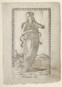 Polyhymnian sankarilauluja Tarocchi-sarjasta D..., ennen vuotta 1467. tekijältä Master of the E Series Tarocchi