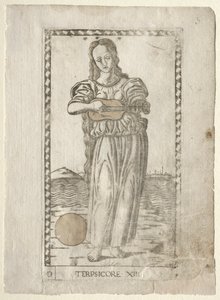 Terpsichore-tanssi ja laulu Tarocchi-sarjasta D..., ennen vuotta 1467. tekijältä Master of the E Series Tarocchi
