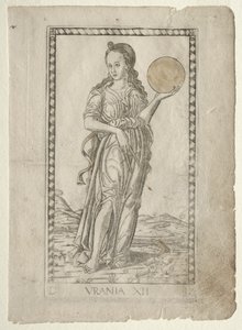 Urania tähtitiede Tarocchi-sarjasta D: Apollo and the Muses, #12, ennen vuotta 1467. tekijältä Master of the E Series Tarocchi