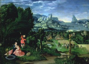 Lepo Egyptin pakomatkalla, Joachim Patinirin (k.1515-25) maalaama maisema (paneeli).