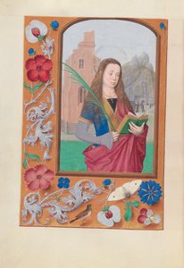 Espanjan kuningattaren Isabella katolisen tunteja:  Fol. 191v, St. Barbara tekijältä Master of the First Prayerbook of Maximillian