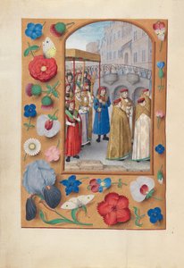Espanjan kuningattaren Isabella katolisen tunteja:  Fol. 43v, sakramentin kulkue. tekijältä Master of the First Prayerbook of Maximillian