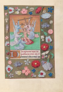 Espanjan kuningattaren Isabella katolisen tunteja:  Fol. 50r, Kristuslapsi ja kärsimysvälineet. tekijältä Master of the First Prayerbook of Maximillian