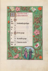 Kuningatar Isabella Katolisen, Espanjan kuningatar: Fol. 5r, huhtikuu - Squire ja Damsel, n. 1500. tekijältä Master of the First Prayerbook of Maximillian