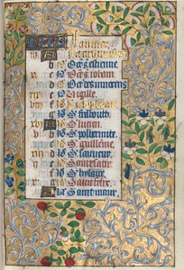 Tuntikirja Rouenin käyttö: fol. 1r, Eaborate Foliated Border, c. 1470. tekijältä Master of the Geneva Latini