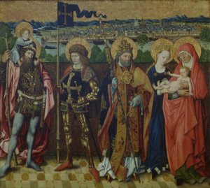 Pyhä Anna, neitsyt ja lapsi, Pyhä Kristofer, St. Gereon ja Pyhä Pietari maisemassa, esittäen Kölnin ja seitsemän kukkulaa, n. 1460-80 (tammi)