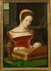 Nainen klavikordilla. Voideastia on Maria Magdaleenan attribuutti (maalaus kankaalle). tekijältä Master of the Half Figures