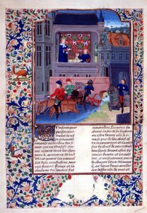 Add.35323 fol.156v Ruggiero ja hänen toverinsa ratsastavat joen toisella puolella Decameronin kirjan X luvusta 1 n. 1475 (vellum)
