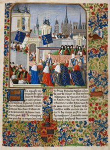 Isabeau of Baijeri, kuvitus "The Harley Froissartista", n. 1470-1472 (mustetta ja kultaa pergamentissa)