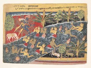 Gopit anovat Krishnaa palauttamaan vaatteensa: Folio from Isarda Bhagavata..., n. 1560-65 tekijältä Master of the Isarda