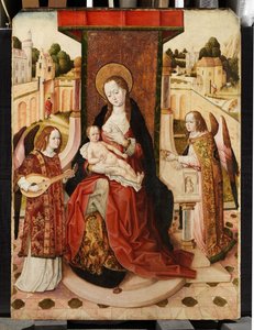 Neitsyen ja lapsen triptyykki kahdella enkelillä, yksityiskohta Madonnasta ja lapsesta keskipaneelista, n. 1500 (katso myös 225325, 225326) tekijältä Master of the Lee Triptych Master of the Lee Triptych