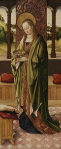 Neitsyen ja lapsen triptyykki kahdella enkelillä, yksityiskohta St. Lucysta oikeasta paneelista, n. 1500 (katso myös 225326, 225327) tekijältä Master of the Lee Triptych Master of the Lee Triptych