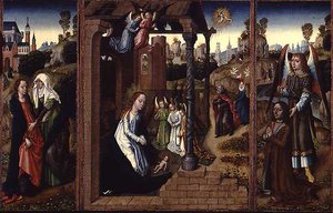 Syntymä vierailun kanssa ja arkkienkeli esittelemässä lahjoittajaa tekijältä Master of the Legend of St. Ursula