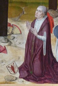 Nikolaus Cusalainen. Yksityiskohta alttarista Pyhän Nikolauksen sairaalan kappelissa, n. 1480 tekijältä Master of the Life of the Virgin