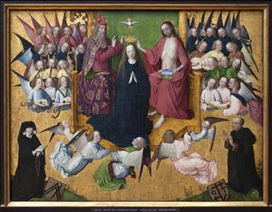 Marian kruunajaiset. Pyhän Kolminaisuuden esitys: Jumala, Jeesus Kristus ja Pyhän Hengen kyyhkynen (Pyhä Henki). Maalaus Lyversbergerin intohimon mestarista (toimii 1460-1490), öljy puulle, varhainen saksalainen taide 1400-luvulta. München, Alte tekijältä Master of the Lyversberg Passion
