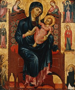 Madonna ja Kristus istuu pyhien kanssa
