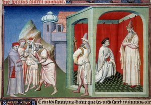 John of Mandeville ja sulttaani. Kiista kristittyjen ja muslimien välillä, jota edustavat Jean de Mandeville, tutkimusmatkailija Liegestä (1300-1372) ja Saraseenien sulttaani. Miniatyyri "" Maailman ihmeiden kirjassa"" Ms. 2810 Folio 175v. Käsikirjoitus