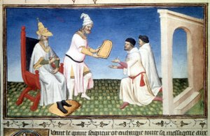 Marco Polo ja Mattia Polo vastaanottavat lahjoituksia Kubilay Khanilta, - Pienoiskuva otettu Marco Polon (1254-1324) "Ihmeiden kirjasta"" ("" Devisement of the World"", ""The Million"") (Ms , folio 3v) valaisi Mazarine Master, noin 1410-1412