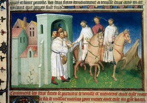 Matteo ja Niccolo, Polo-veljekset lähtevät Venetsiasta. Pienoismalli otettu Marco Polon (1254-1324) "" The Book of Wonders -kirjasta" ("" Maailman suunnittelu", "" Il Milione") (Ms. 2810, Folio 4), jonka valaisi mestari Mazariini, noin 1410-1412. BN,