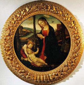Madonna ja lapsi vauvan Pyhän Johannes Kastajan kanssa, Tondo Millerin mestarille kuuluva maalaus (1400-luvun loppu). tekijältä Master of the Miller Tondo (attr. to)