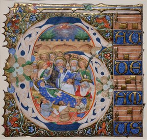 Historioitu alkukirjaimella Death of Neitsyt. Murano Gradualin mestari. Noin 1420 (pergamentti)