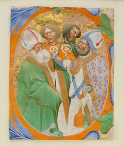 Käsikirjoituksen valaistus neljän pyhän kanssa alkukirjaimessa O, kuorokirjasta, 1440-50.