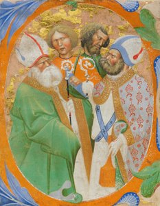 Il·luminació manuscrita amb quatre sants en una O inicial, d