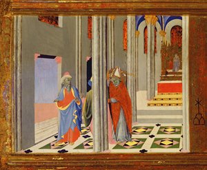 St. Ambrose kieltää Rooman keisari Theodosius I Suuren pääsyn Milanon kirkkoon, 1436 tempera paneelin yksityiskohdassa 741548