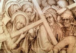 Narbonnen kalvo: Kristus kantaa ristiään (grisaille silkillä tekijältä Master of the Parement of Narbonne