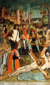 Kristus naulittiin ristille lahjoittajan kanssa käsivarrella papin esittämässä lingossa tekijältä Master of the Pavia Deposition