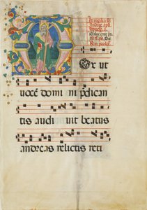 Fulla manuscrita amb la festa de Sant Andreu en una M inicial..., segona meitat del segle XV. finlandès