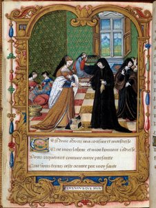 Margarita Angoulema (1492-1549) Navarran kuningatar esittelee kirjansa Etampesin herttuatarlle ja Francois I Anne Pisseleun suosikkisivulle, joka on otettu mestarin valaisemasta Margaret of Angouleman käsikirjoituksesta "" La coche ou Debat d