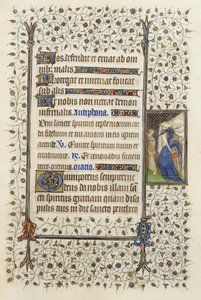 Ms 62 f.132r Nekromanssin personifikaatio, jossa puukotetaan kirjaa, Guillaume de Deguilevillen Hours of the Holy Spirit 1350, 1417 (muste ja kultalehti pergamentilla)