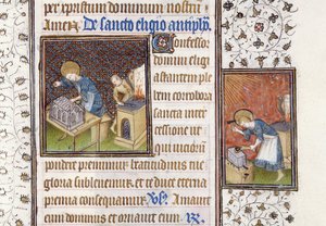 Ms 62 f.215r St. Eligius tekemässä pyhäkköä; Pyhä Eligius alasimessa, Tuntikirjasta