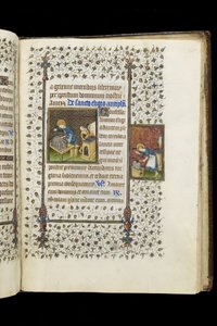 Ms 62 f.215r St. Eligius tekemässä pyhäkköä; Pyhä Eligius alasimessa, Tuntikirjasta, n. 1445-1450 (vellum)